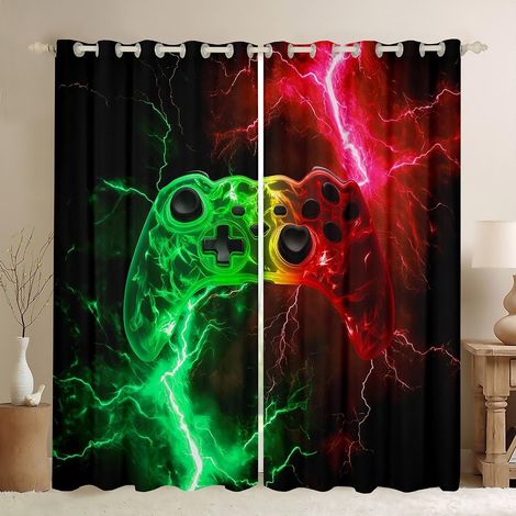 Rideau de fenêtre Gamer pour garçons, jeux vidéo flamme, manette de jeu imprimée, rideaux de fenêtre pour filles et garçons, vert rouge flash décoration salle de jeux rideaux de traitement - 137x117cm (1/5)