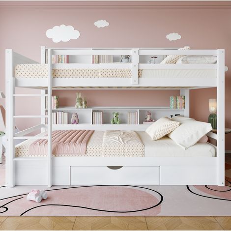 Lit superposé moderne 90x200 cm en pin et MDF blanc, avec tiroir de rangement et étagères latérales (1/5)