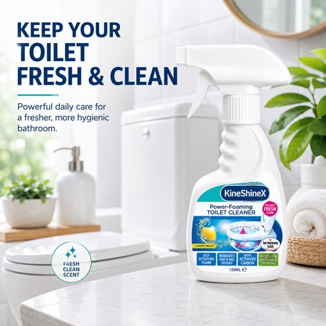 KineShineX Toilet Cleaner Spray: Powerful stain removal, descaling, and odor elimination with a refreshing lemon scent. (1/4)