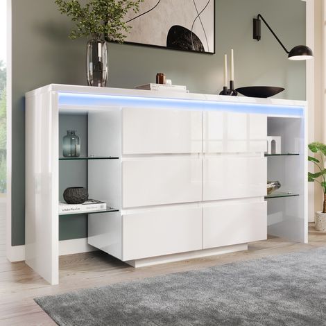 Aparador LED blanco brillante 155x40x80 cm con 6 cajones y 4 estantes de vidrio, madera y vidrio (1/5)