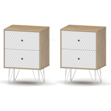 Hobag – Lot de 2 tables de chevet scandinaves – 2 tiroirs – Bois et blanc – Design moderne pour chambres et bureaux