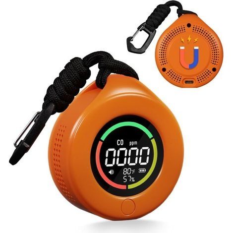 Détecteur de monoxyde de carbone portable, mini détecteur de température/humidité/CO 3 en 1, autonomie de 144 heures, batterie 1000 mAh, capteur d'alarme pour camping en plein air, etc. (Orange) (1/4)