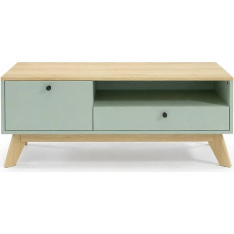 Tavolino rettangolare da salotto con cassetto, anta e vano aperto, verde chiaro e rovere, in MDF (1/5)