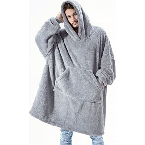 Sweat Plaid a Capuche Adulte Plaid Polaire avec Manche Femme Homme Couverture à Capuche avec Manche Poches Portables, Plaid Pull Couverture Canape TV Hiver, 95x85 cm Gris (1/5)