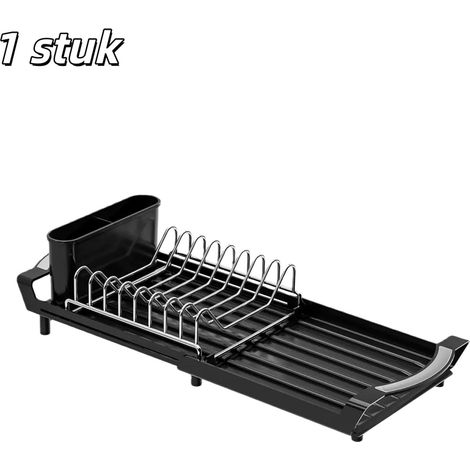 Égouttoir de cuisine extensible avec étagère de rangement et porte couverts multifonctionnel pour plan de travail couleur noire 1 pièce (1/5)