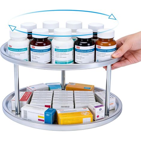 Armoire à pharmacie à 2 étages en acier inoxydable, étagère de rangement avec rotation à 360°, peu encombrante pour salle de bain, cuisine, rangement des médicaments, vitamines et cosmétiques (1/5)