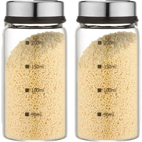 Lot de 2 pots à épices, sel et poivre en verre avec mesures, réglables avec des trous de différentes tailles (200 ml x 2 pièces) (1/5)