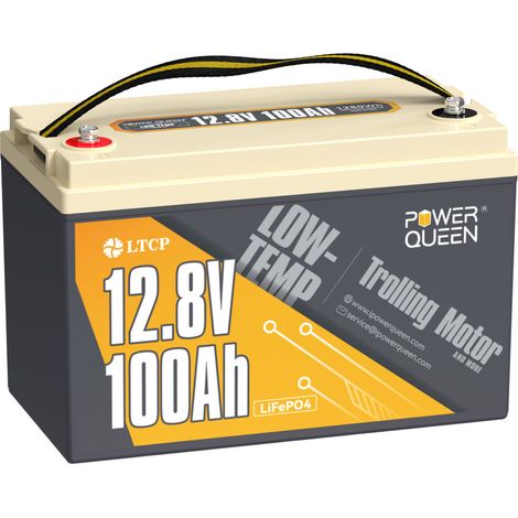 Power Queen – Batterie lithium 12V 100Ah 1280Wh LiFePO4 – Protection basse température – BMS 100A – Pour moteurs jusqu'à 70 lb – Applications solaires et hors réseau
