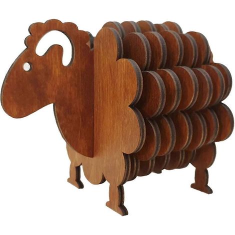 Dessous de verre en bois en forme de mouton, motif puzzle 3D, marron foncé (1/5)