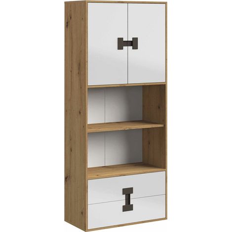 Estantería Florevi 112, Blanco brillante + Roble Artisan, Con cajones, Con puertas, Aglomerado laminado, Número de puertas: 2, Número de cajones: 2, 191x80x40cm (1/3)