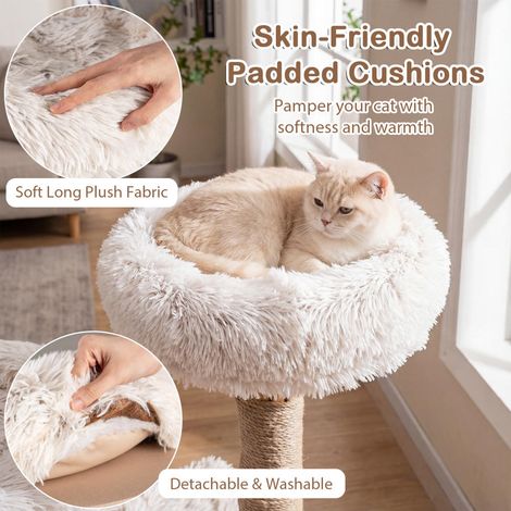 Repos et griffade pour chat - tour à chat blanche avec 2 coussins, branches en bois naturel et design bohème (1/5)