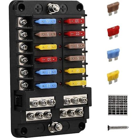 KLVGTIFS PU - Boîte à fusibles marine 12 V à 12 voies avec mise à la terre et boîtier de fusibles 12 volts pour voiture, bateau, camping-car R