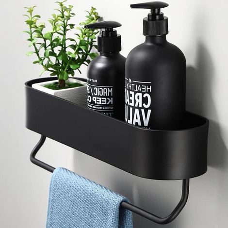 Colle étagère de salle de bain sans perçage noir panier de douche shampooing douche organisateur panier de rangement avec porte-serviettes (1/5)