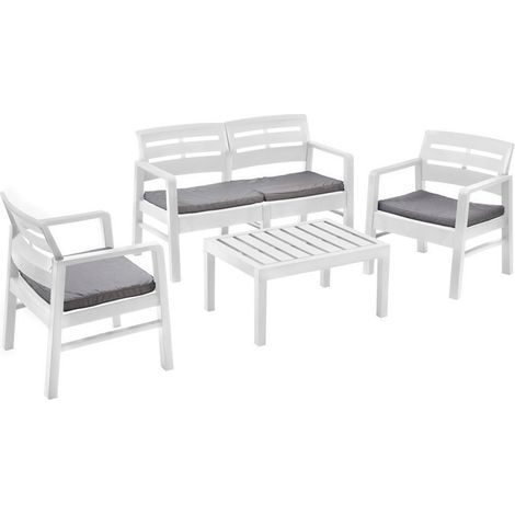 Ensemble Salon D'extérieur Mobilier De Jardin Java Avec Table Basse 2 Fauteuils Canapé Avec Coussins       Blanc
