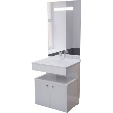 Cuisibane – Meuble vasque PMR 70 cm – Miroir led ÉLÉGANCE – Caisson roulant – Blanc brillant – Corps MDF laqué 16 mm – Siphon déporté recommandé (1/5)