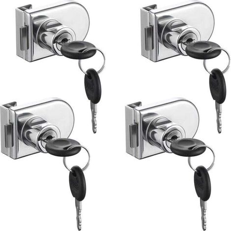 Security locks for glass display cases – Set of 4, no drilling required, zinc alloy, compatible with thicknesses 5–8 mm, with 8 keys