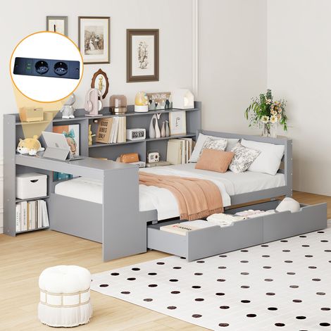 Lit banquette en bois gris 90x200 cm avec bureau, rangements, 2 tiroirs et prise USB (1/5)