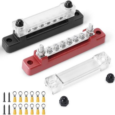 2PCS Bloc de Distribution D'alimentation 12V-48V DC BusBar 150A Barres de Distribution D'énergie avec 2x M4 Boulons de Borne et 12 Connecteurs M4, Bornier 12V pour Voiture Bateau(Rouge Noir) (1/5)