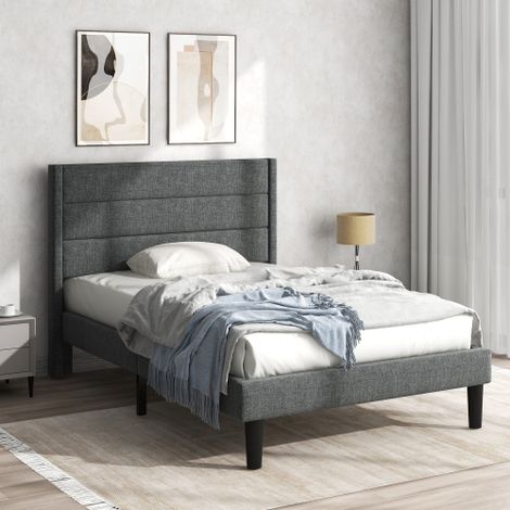 Lit rembourré 90 x 200 cm, cadre de lit avec sommier à lattes et tête de lit, lit double rembourré, revêtement en lin gris, design moderne et intemporel, lit enfant (1/5)