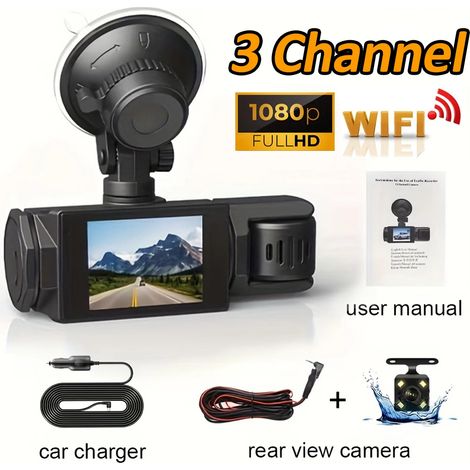 (Carte SD 32 Go, 3 canaux) Caméra embarquée pour voiture, compatible Wi-Fi, vision nocturne HD 1080p. (1/5)