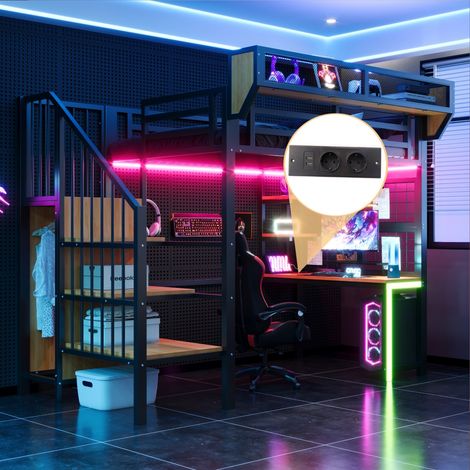Lit mezzanine métal noir 90x200 cm, bureau intégré, étagères, rangement, échelle sécurité, LED, prise électrique et rambarde haute (sans Matelas) (1/5)