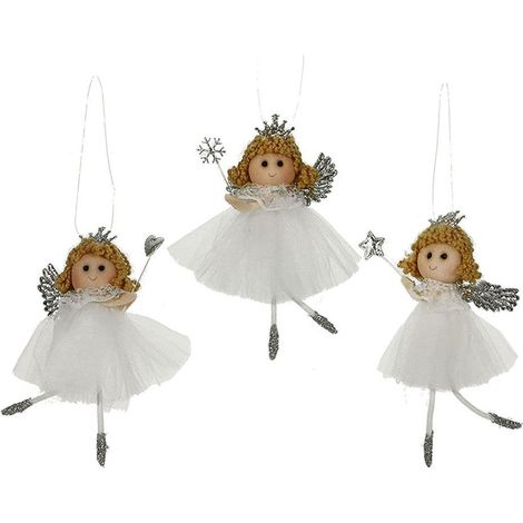 Angelo fatina bianco argento pelliccia addobbi decorazioni per albero di natale 6pz con trecce vestito organza h 13 cm (1/5)
