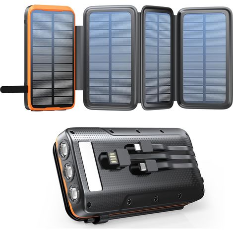 Batterie Externe Solaire 20000mAh 22,5W Chargeur Solaire avec 3 USB C Câble QC4.0 22,5W USB C 20W Fonction de Charge Rapide 4 Panneaux Solaires et 3 Lampes de Poche LED Pour Téléphone Tablette Campin (1/5)