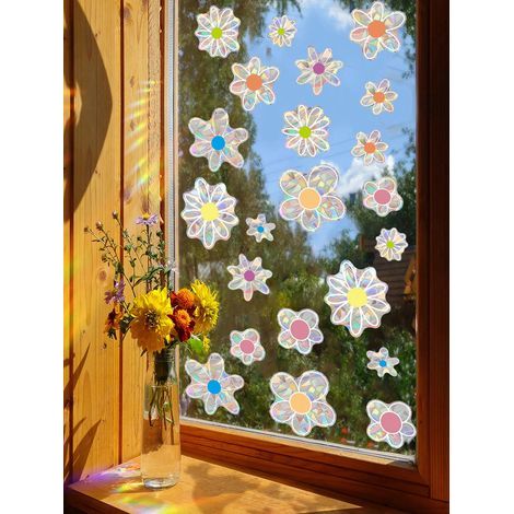 22 Fensteraufkleber für Glas mit Blumen- und Regenbogenmotiv: Vogelabwehr, selbstklebende Prismenaufkleber, Regenbogen-Haftfolien (1/5)