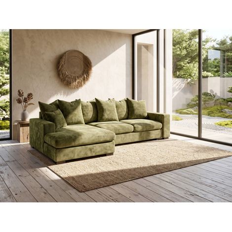 Ecksofa mit Schlaffunktion BENICIO Sofa in Stoff Flow Olivgrün Ottomane Links (1/5)