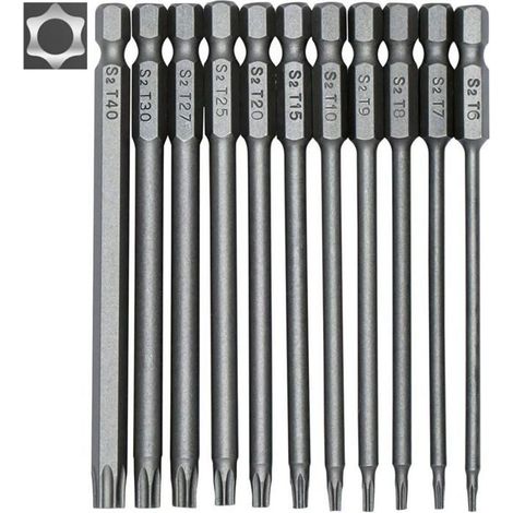Jeu de 11 embouts Torx longs 100 mm pour visseuse - T6 à T40 - Tige 1/4" magnétique (1/5)