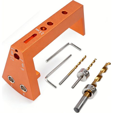 Das Set mit Bohrschablonen für ausziehbare Unterbauschubladen umfasst einen 6 mm bis 2,5 mm Aluminiumlegierungswinkel, Zentrierbohrer, Anschlaghülsen, einen Sechskantschlüssel und Zubehör für die Bohr (1/5)