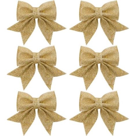 Lot de 6 nœuds de Noël à paillettes - En satin - Pour décoration de sapin de Noël - Dorés (1/5)