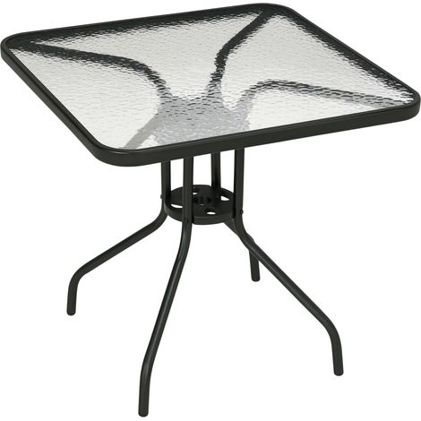 Square Garden Dining Table with Tempered Glass Top & Umbrella Hole, 76 x 76 cm