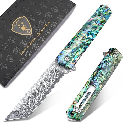 Damast Taschenmesser klappbar mit Abalone Griff und Gürtelclip