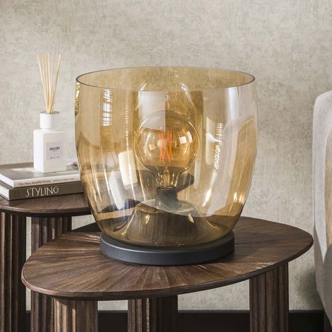 Lampe à poser ronde 33x32 cm en verre ambré et noir - KOTZY