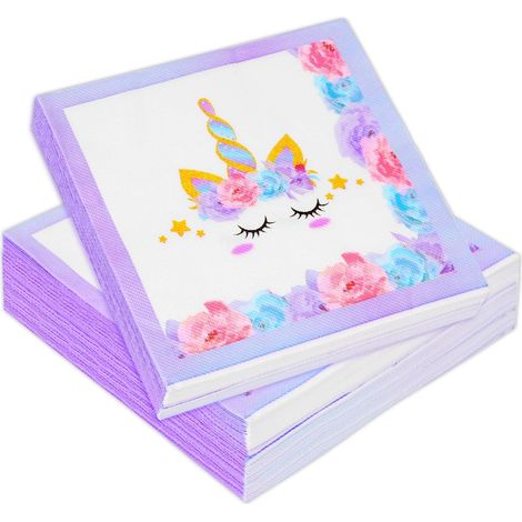 Lot de 60 serviettes jetables licorne, 33 x 33 cm, violettes, pour décoration de table et fêtes. (1/4)