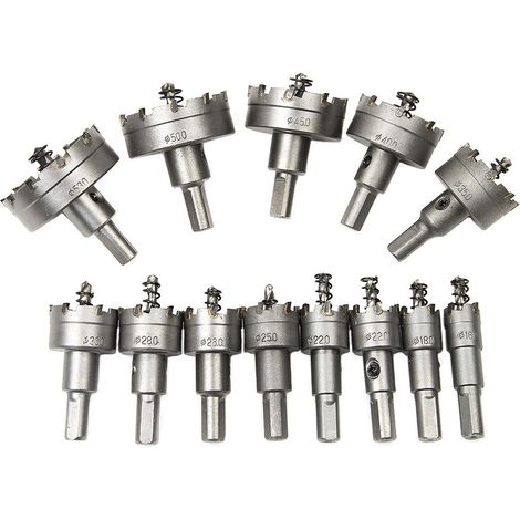 Jeu de 13 mèches de forage pour scie cloche en carbure de tungstène avec ressort pour l’aluminium, l’acier, le fer, le cuivre, le laiton, le bois (1/5)