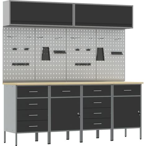 10-tlg. Werkstattschrank-Set mit Stecktafel Schwarz MDF Metall vidaXL (1/4)