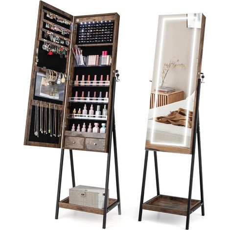 GOPLUS Armoire à Bijoux-Miroir Pleine Longueur-Lumière LED à 3 Couleurs-Étagère Inférieure/Tiroirs/Miroir de Maquillage Marron