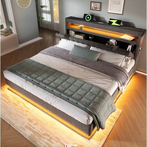 DESVIAE Lit double rembourré 140 x 200 cm avec tête de lit de rangement ports USB et USB C éclairage LED coffre hydraulique gris en tissu effet lin avec matelas (1/5)