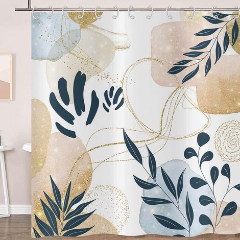 Rideau de Douche Boho 180x200, Feuilles Abstraites Plante Mid Century Moderne Minimaliste Géométrique Esthétique Art Imperméable Tissu Lavable (1/5)