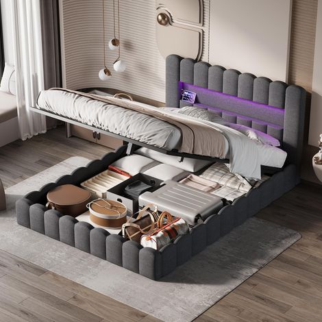 Lit coffre 160x200 cm - lit adulte avec rangement hydraulique, éclairage led, tête de lit capitonnée，sommier à lattes - lin - gris (1/5)