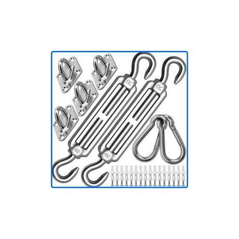 Kit De Fixation Pour Voile D'Ombre - Acier Inoxydable 304 - M8 - Pour Voiles Triangulaires Et Carrées - 2 Crochets À Ressort - 2 Tendeurs - 4 Supports Muraux - 16 Vis Et 16 Chevilles (1/5)
