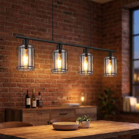 Hängeleuchte Pendellampe Esszimmerleuchte Schwarz Metall Glas 4 flammig H 120 cm
