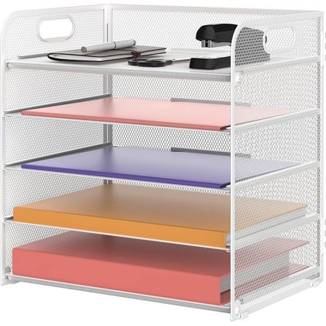 Étagère de rangement à 5 niveaux  avec poignées, organiseur de bureau en treillis métallique, blanc (1/5)