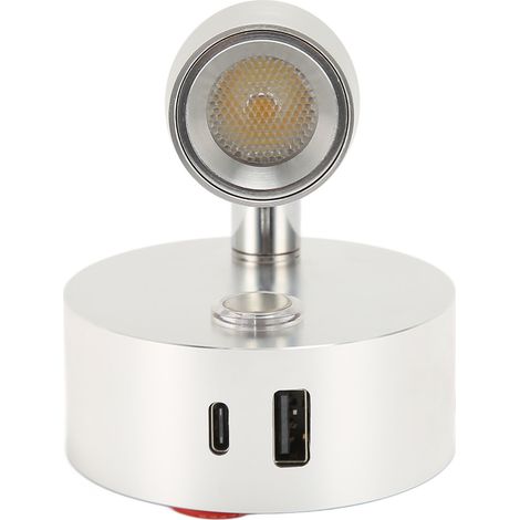 Lampe de lecture RV avec port USB Type C, veilleuse bleue, 3 couleurs à intensité variable, lampe de lecture bateau, surface polie, interrupteur tactile DC12-24V, argent (1/5)