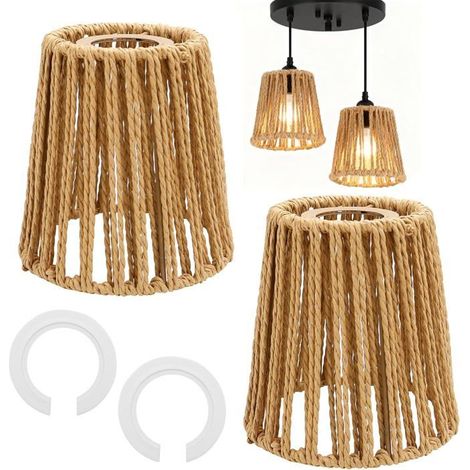 Ecleanfy - Abat-Jour Rotin Naturel Tissé Main - 2 Pièces, Style Boho pour E27/E14, Décoration Lampe Suspendue/Applique (Naturel) (1/5)