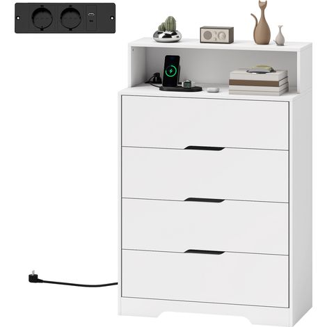 Meuble dortoir 4 tiroirs avec station charge USB USB-C étagère ouverte 80x40x120 cm Blanc