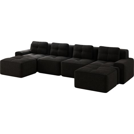 Sofá modular en U de 4 plazas en pana negra, sin montaje, con chaise longue (1/5)