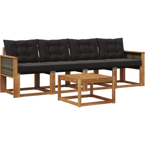 Set di divani da esterno con cuscino 5 pz Salotto da Giardino Naturale e Nero (1/5)